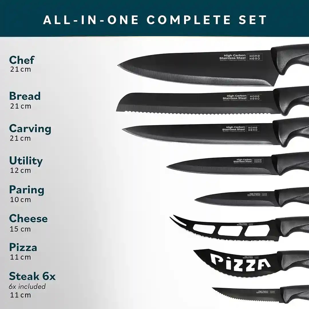 Home Hero Kitchen Knife Set with Sharpener - High Carbon Stainless Steel Knife Block Set with Ergonomic Handles (20 Pcs - Acrylic Black)