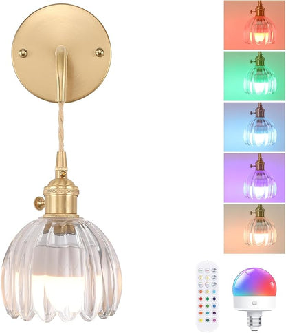 Battery Operated Wall Sconce with Clear Tulip Shade Pattern Glass Adjustable Chain Retro Gold Wall Mounted Light, Modern Wall Lamp Fixtures Decor for Bedside Bedroom Indoor Doorway