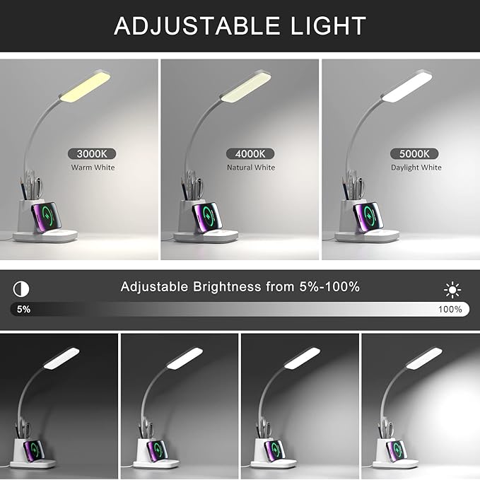 LED Desk Lamp with Wireless Charger for Home Office, Small with Pen Holder, 800LM,3 Color Modes,Gooseneck, Eye-Caring White Desk Lamps for Home College Dorm Room