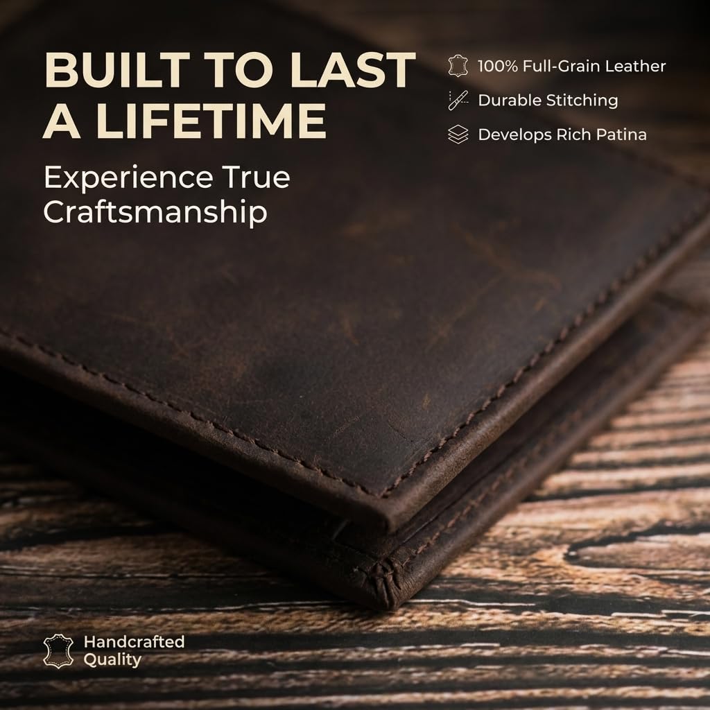 NKPT Full-Grain Leather Bifold Wallet for Men | RFID Blocking, 9 Card Slots, ID Window | Chestnut Brown