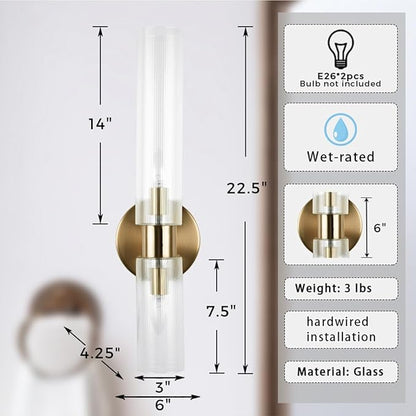 Modern Asymmetrical Glass Double Tube Wall Sconce, 2-Light Textured Shades, Wall Mounted Light for Living Room, Hallway, Bedroom, Porch, Bathroom (Brass)