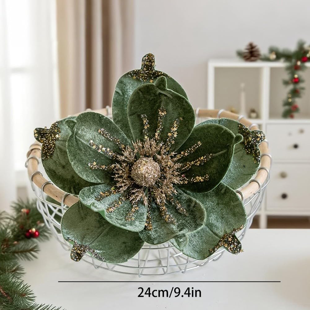 Christmas Tree Magnolia Picks with Artificial Magnolia Flowers, Fabric Ornaments to Create Festive Holiday Decor (Red)