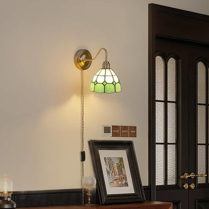 Vintage Wall Sconce, Wall Lamps with Green White Checker Sconce, Stained Glass Shade Brass Wall Lights Fixture with Plug in Cord and Switch for Bedroom Bathroom Living Room Hallway