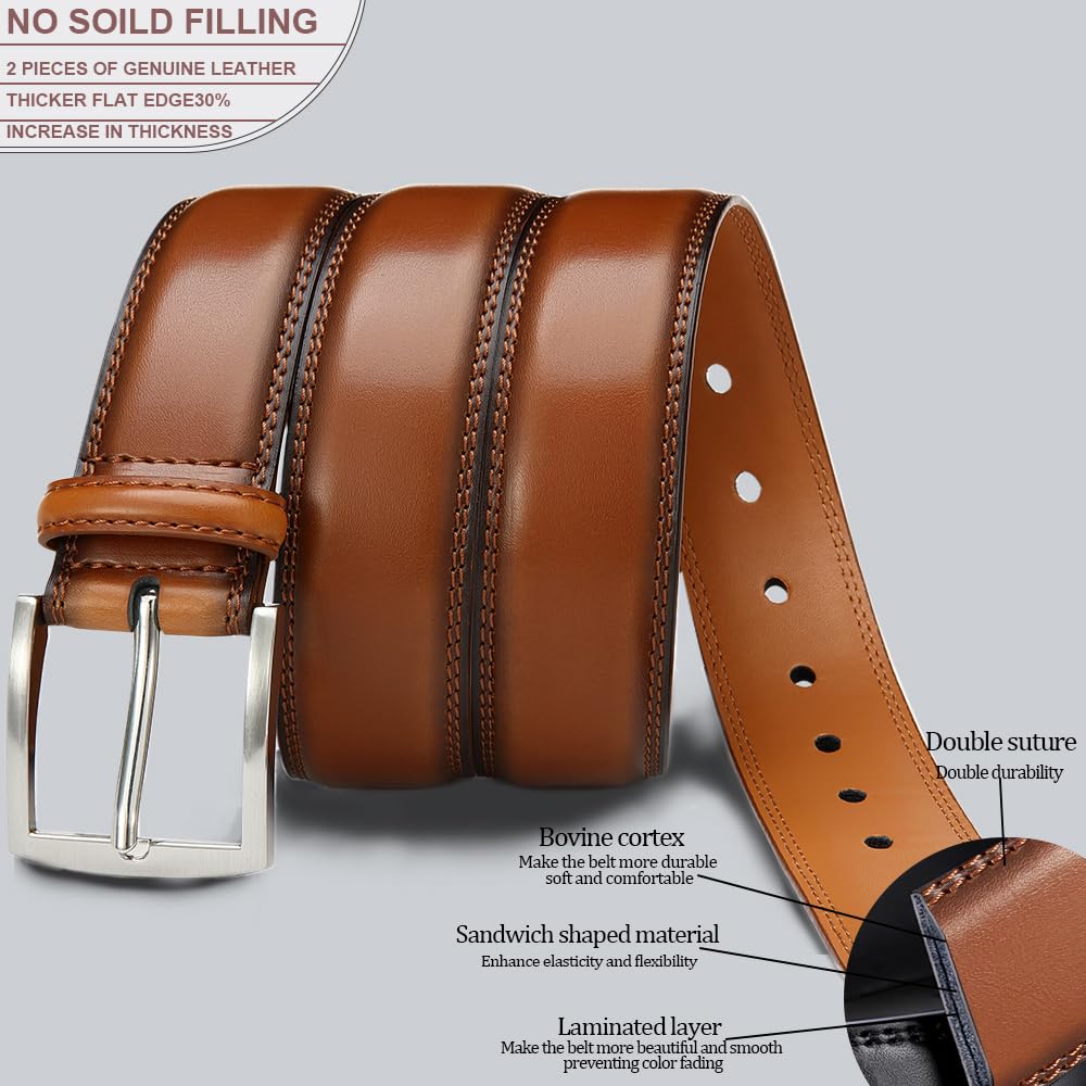 DOOPAI Men's Genuine Leather Dress Belt 2Pack - Handmade Classic Casual and Business Belt, 100% Cow Leather Prong Buckle,
