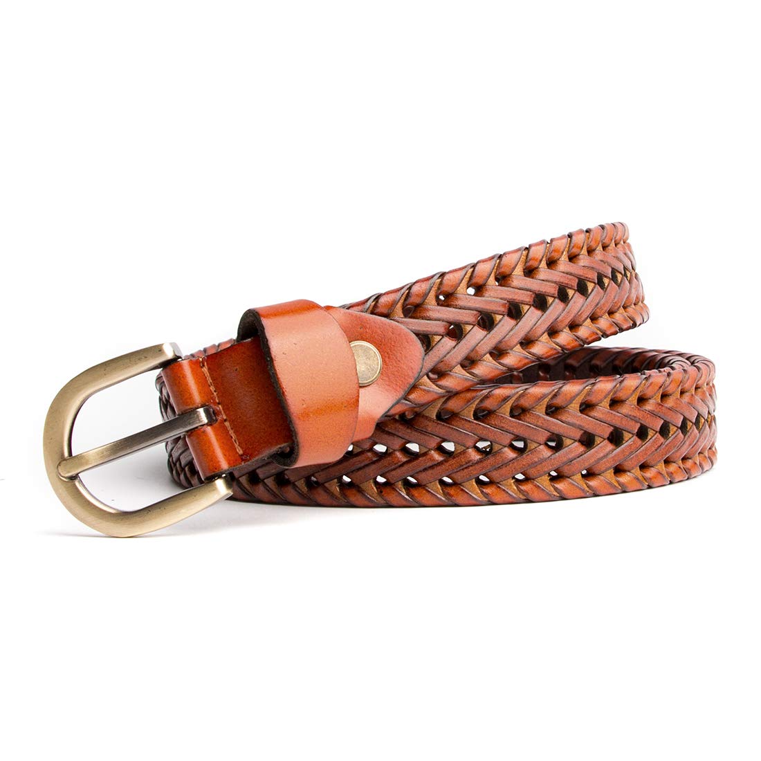 ECHAIN Women Braided Woven Genuine Leather Narrow Belt 25mm Wide (Brown, waist:35-40)