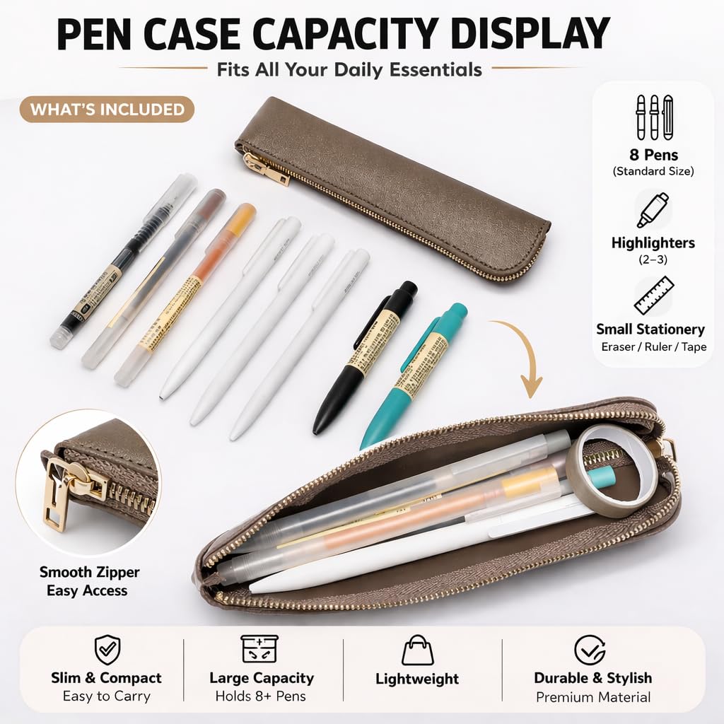 YONBEN Faux Leather Pencil Case Small Pencil Pouch Slim Pen Case Holder Zipper Bag for School Office(Pearl Brown)