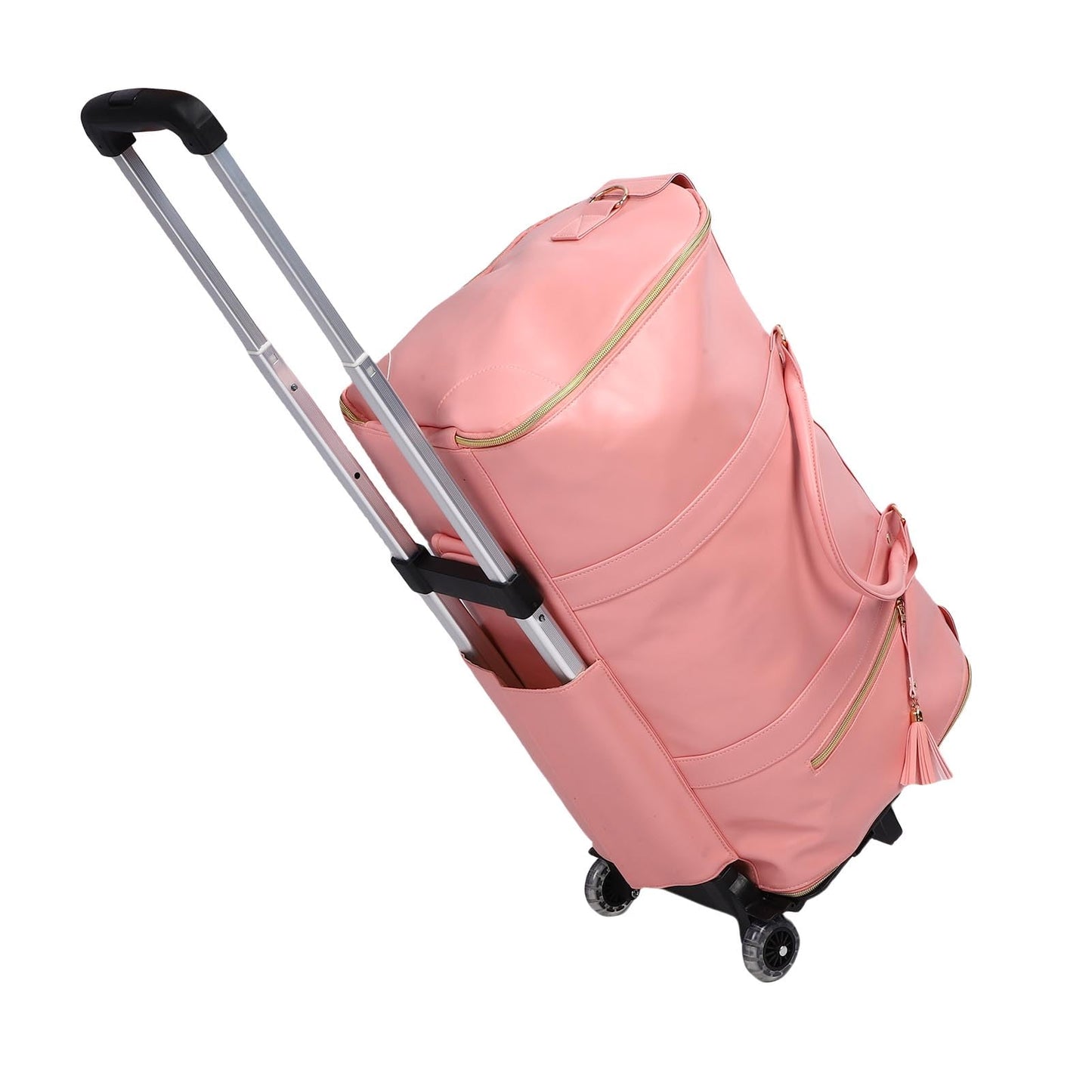 Hamwesh Rolling Garment Bag, 40L PU Leather Rolling Duffle Bag Detachable Telescopic Trolley Spacious Main Compartment Front Zip Pocket, Travel with Wheels for Men Women (Pink)