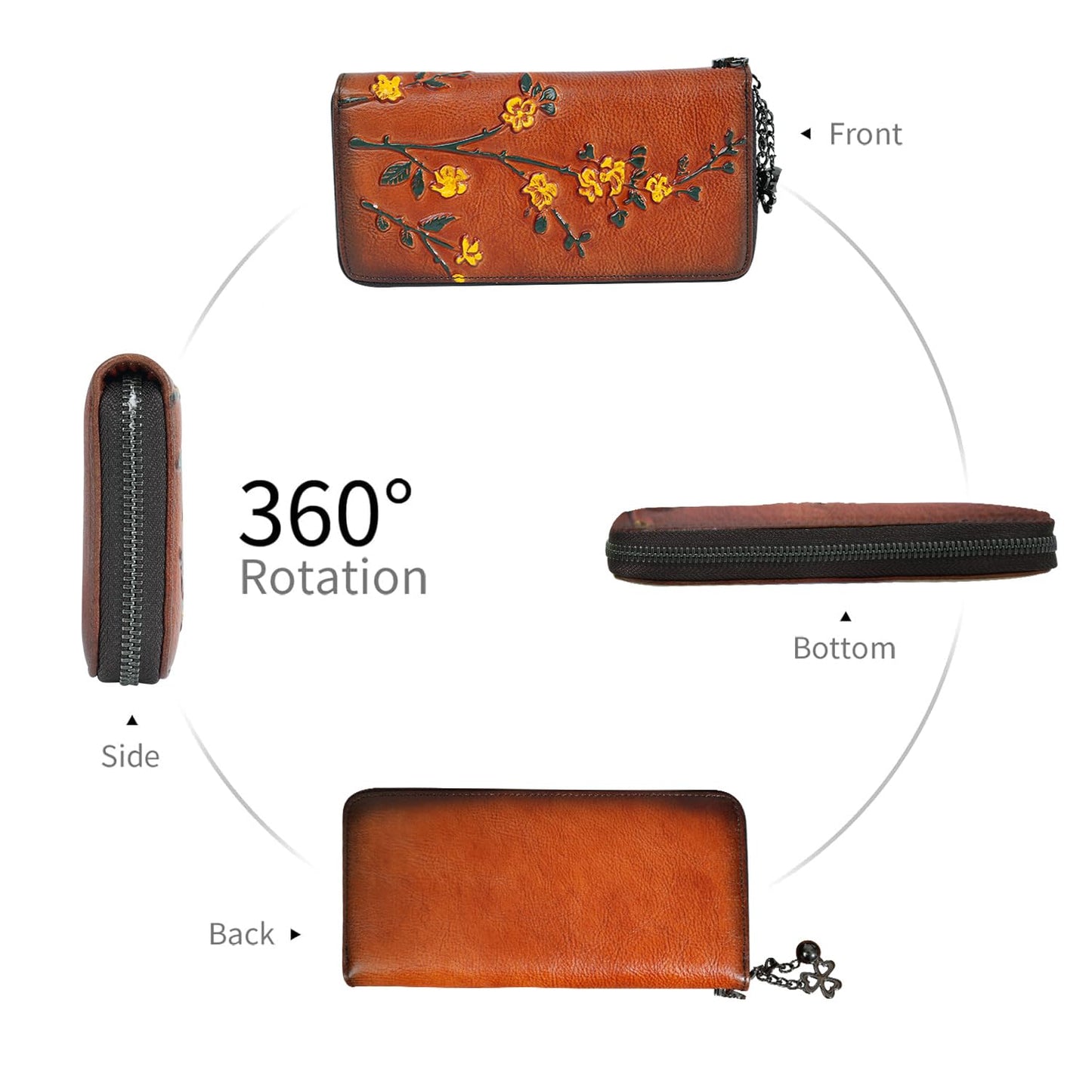 SHARPAD Wallet Genuine Leather for Women - with RFID Blocking Card checkbook ID Slot Large Capacity Vintage style (flower brown)