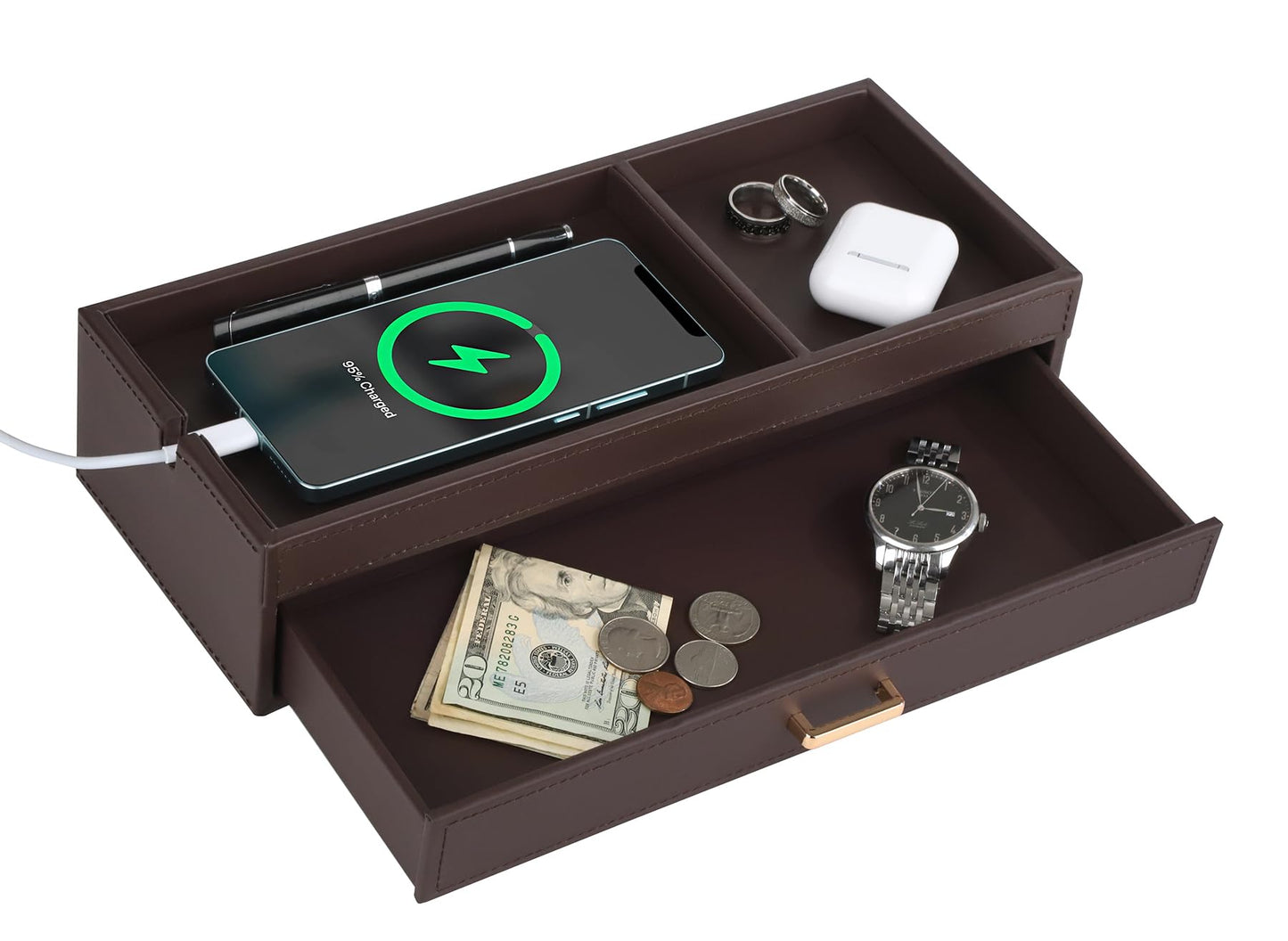HofferRuffer Valet Jewelry Tray Organizer with Drawer, Faux Leather Storage Catchall Box Phone Charging Station Tray with Dresser Nightstand Desktop Drawer Organizer (Dark Brown)