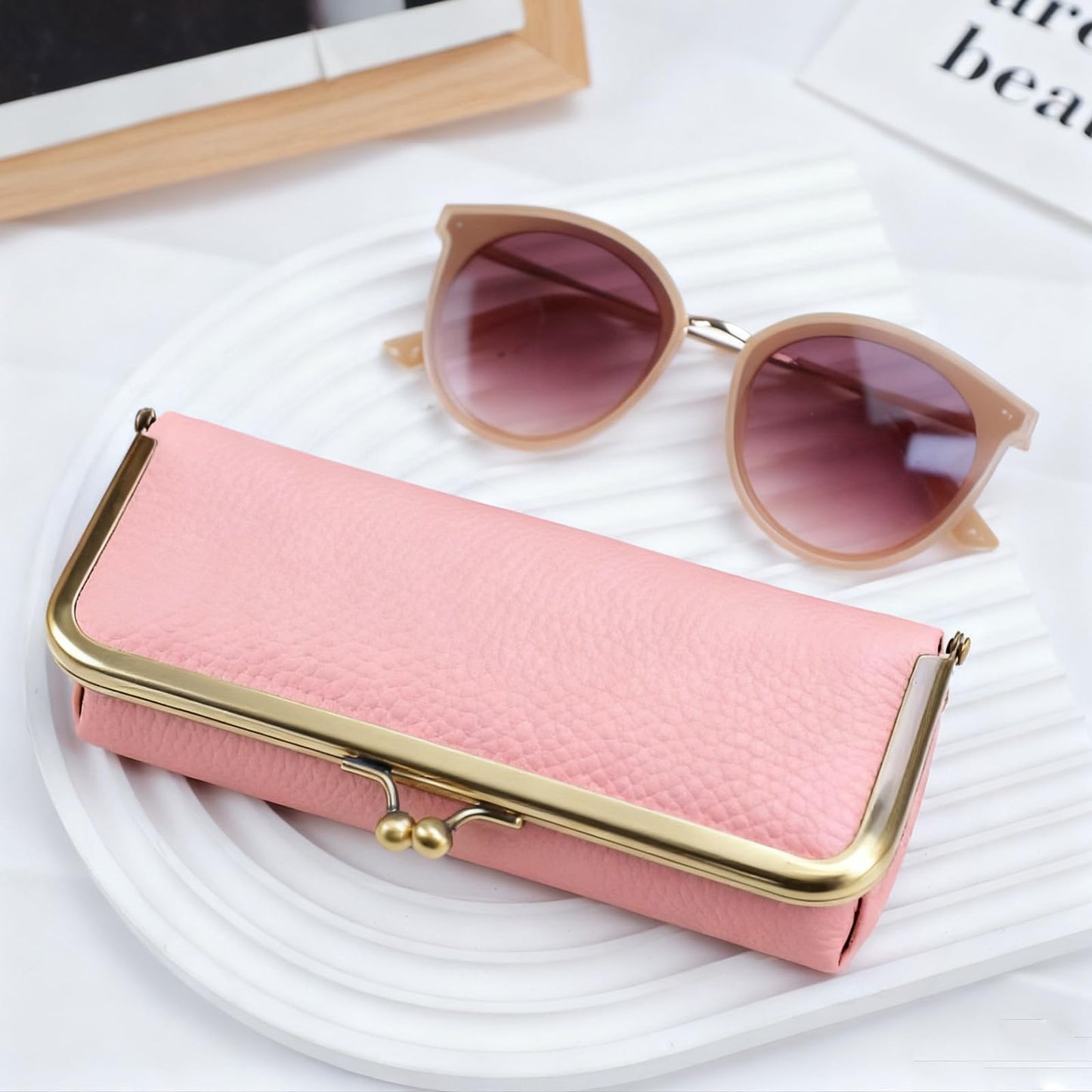LIYAZHIL Leather Sunglasses Case, Soft Glasses Bag with Kiss Lock Vintage Eyewear Storage for Men and Women (Pink)