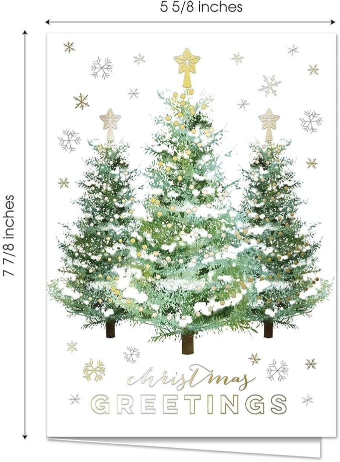 Masterpiece Gold Trimmed Trees Christmas Cards / 16 Boxed Seasons Greetings Holiday Cards Set With Coordinating Gold Foil Lined Envelopes / 5 5/8" x 7 7/8" Folded Winter Greeting Cards With Inside