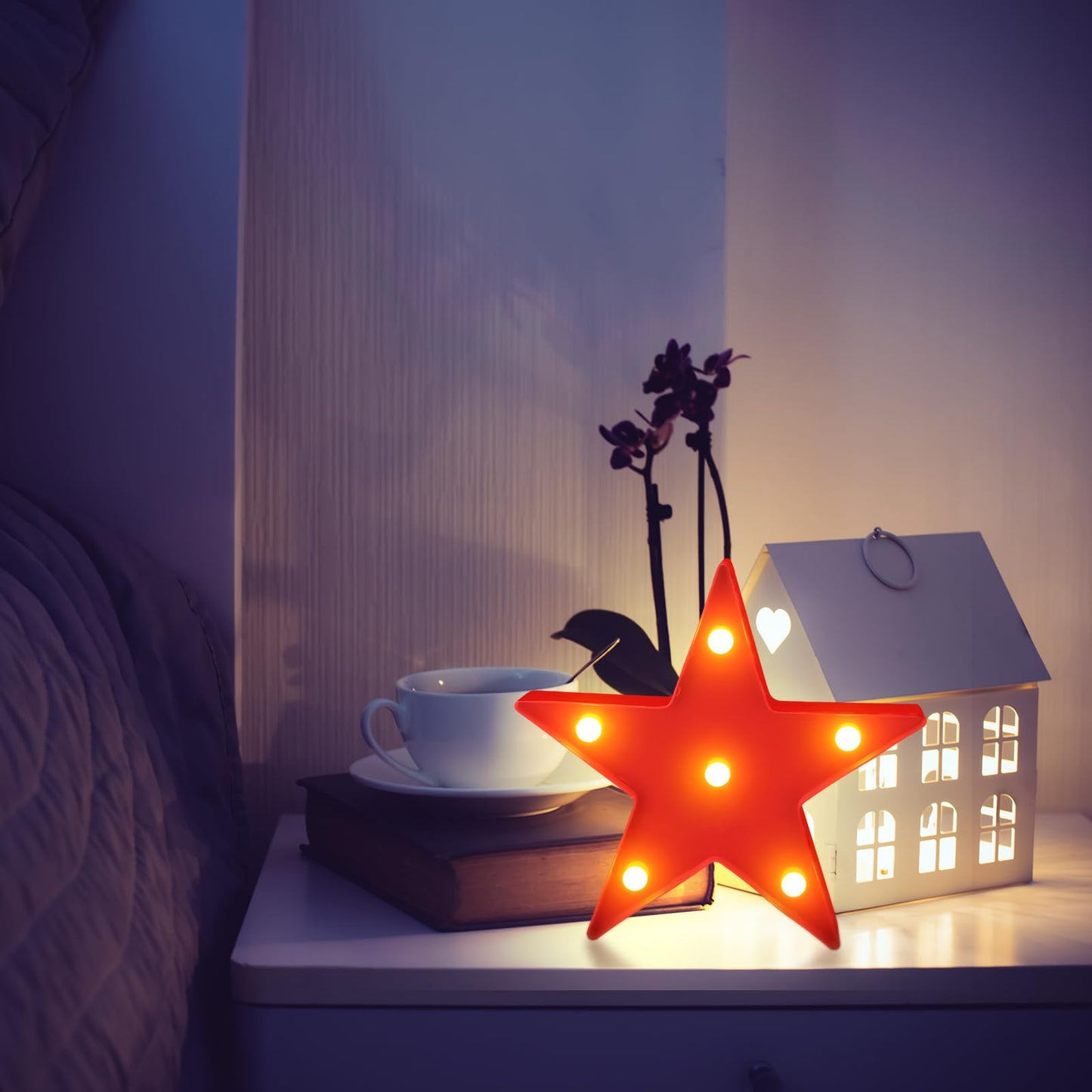Jutom 4 Pieces Star Night Lights LED Plastic Star Shaped Sign Lighted Marquee Desk Lamp for Gift Red
