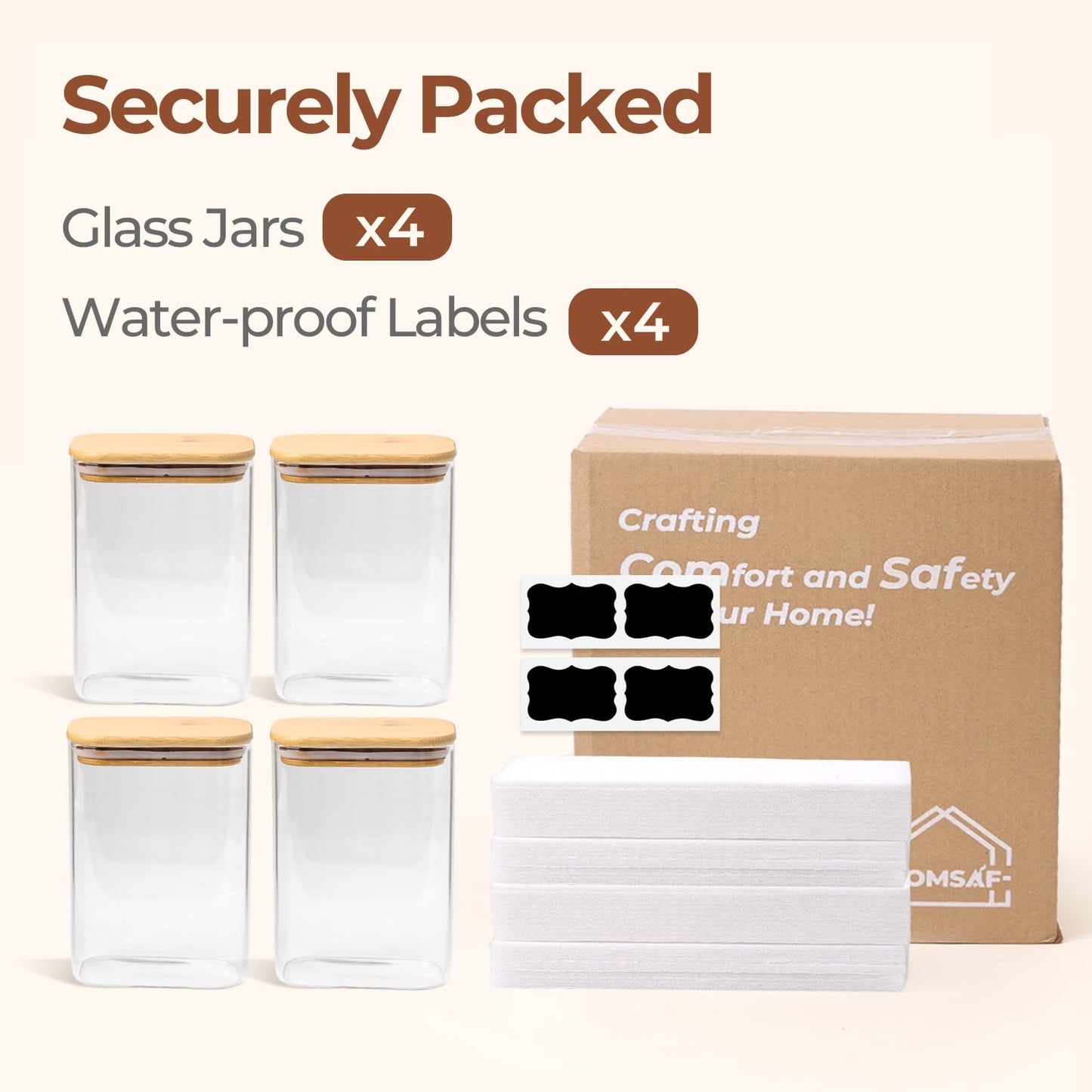 Comsaf Spice Jars with Label，8 oz Small Glass Jars with Lids, 6 Pcs Seasoning Containers, Rectangle Glass Containers with Lids, Empty Seasoning Jars for Pantry Storage, Loose Tea, Herbs, Powders, Salt