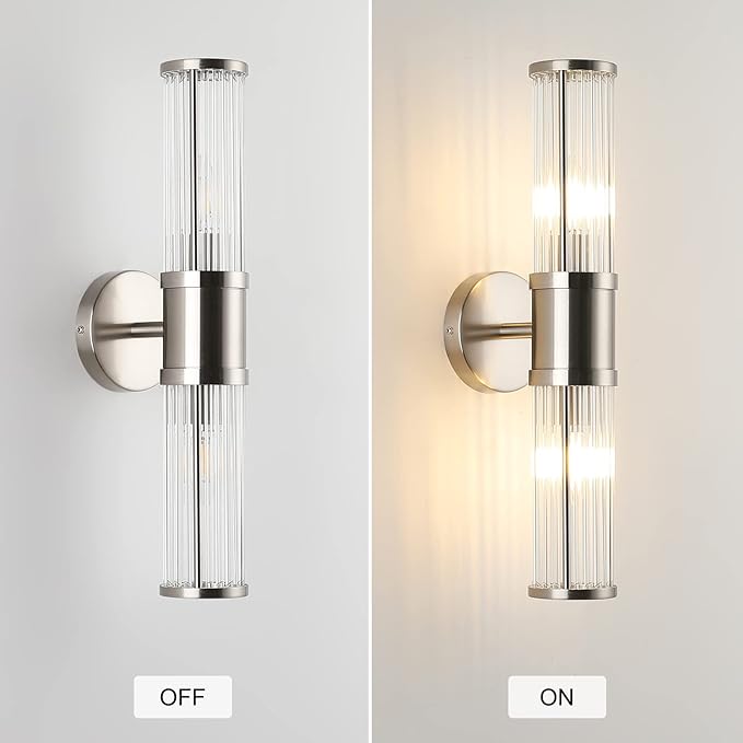 Brushed Nickel Bathroom Light Fixture, Industrial Up & Down Wall Vanity Sconce Indoor Farmhouse Glass Rods Bath Vanity Light Mirror Lighting Lamps Wall Mounted E12 Socket(Without Bulbs)