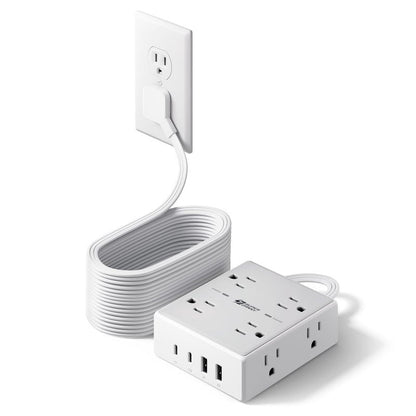 25Ft Long Extension Cord, Flat Plug Power Strip with 8 Outlets & 4 USB Ports (2 USB C), Wall Mountable Surge Protector, Desk Charging Station for Home Office, Dorm Room Essentials