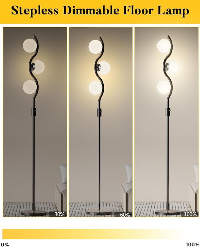 Lightdot 60IN 3-Globe Dimmable Black Floor Lamp Mid Century Standing Lamps with 3Pcs 3000K Warm White G9 Bulbs Stepless Brightness Adjustable Modern Tall Lamp Stable Base for Bedroom Office