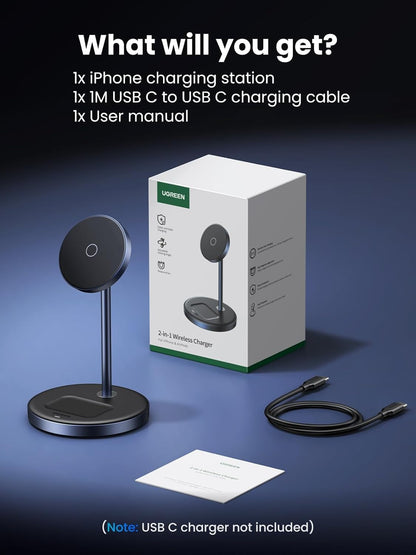 UGREEN MagFlow 2-in-1 Magnetic Wireless Charging Stand Fast Wireless Charger for iPhone 17 16 15 14 13 12 Series and AirPods, MagSafe Compatible Qi Charging Stand with 3 FT USB-C Cable (No AC Adapter)