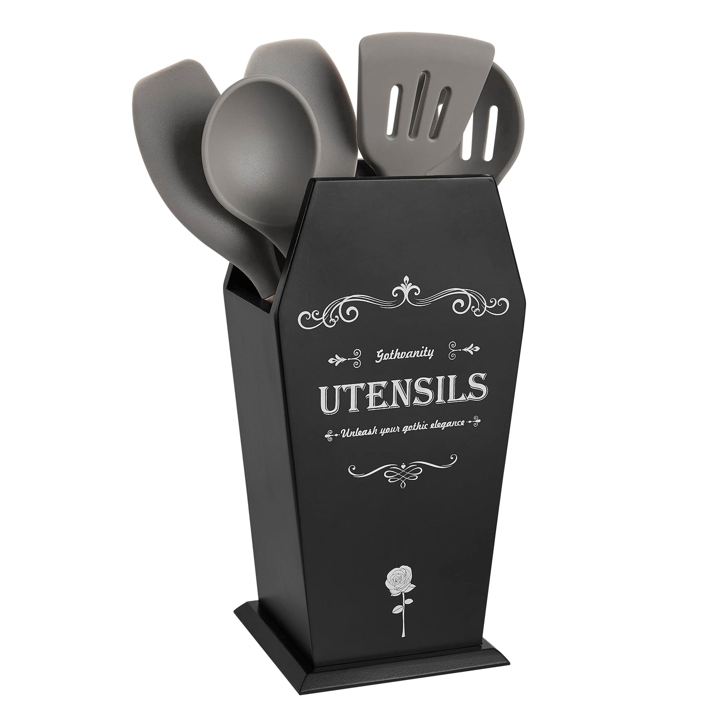 Gothvanity Gothic Coffin Utensil Holder - Large Stable Spooky Dark Aesthetic Kitchen Organizer, Wooden Black Kitchen Decor 12.5X8X5 Inches