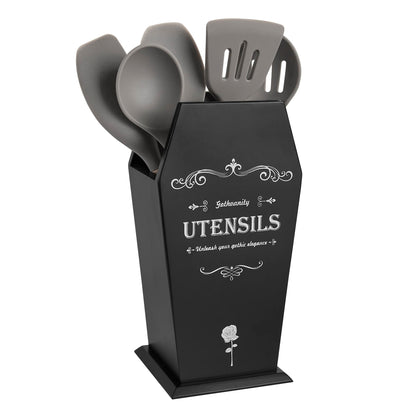 Gothvanity Gothic Coffin Utensil Holder - Large Stable Spooky Dark Aesthetic Kitchen Organizer, Wooden Black Kitchen Decor 12.5X8X5 Inches