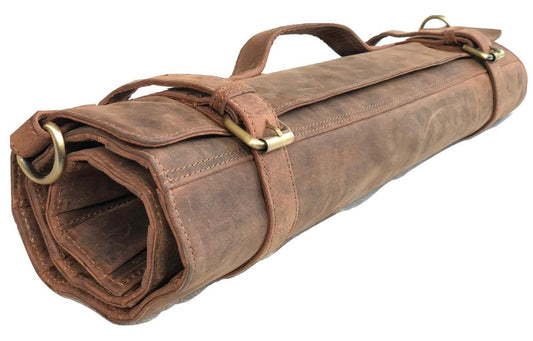 vintage crafts Genuine Buffalo Leather Knife Roll Set Chef's Knife Holder Cutlery Sheath Artist Case Organizer Storage bag Travel Friendly Gift for Men & Women (Light Brown)