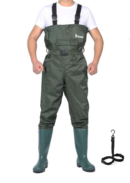 Ouzong Bootfoot Fishing Chest Waders for Men Women with Boots 2-Ply Nylon/PVC Waterproof Hunting Waders with Boots Hanger (Green-010)