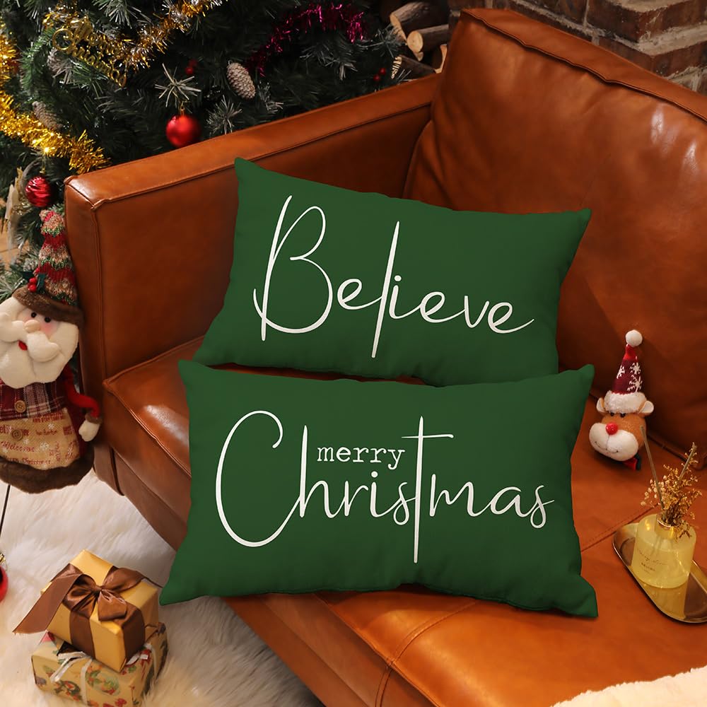 Christmas Throw Pillow Covers 12x20 Inch Set of 2 Merry Christmas Farmhouse Decorations Believe Holiday Decor Throw Cushion Case for Home Couch