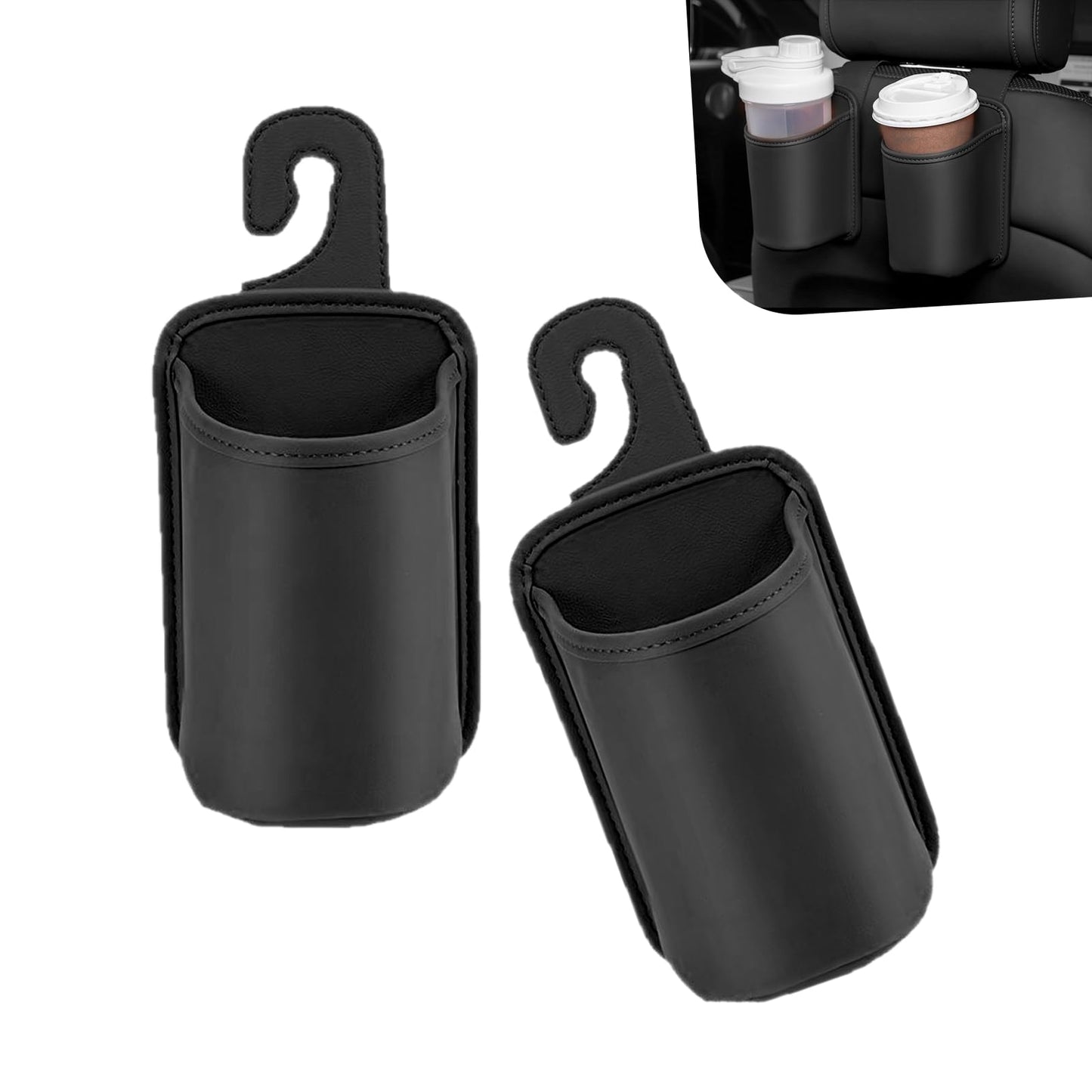 Heyzidu 2 PCS Leather Car Cup Holder, Spill-resistant Headrest Cup Organizer, Door Side Multi-functional Hooks Storage Bag for Water Bottles Phones Keys, Universal for Most Vehicles (Black)