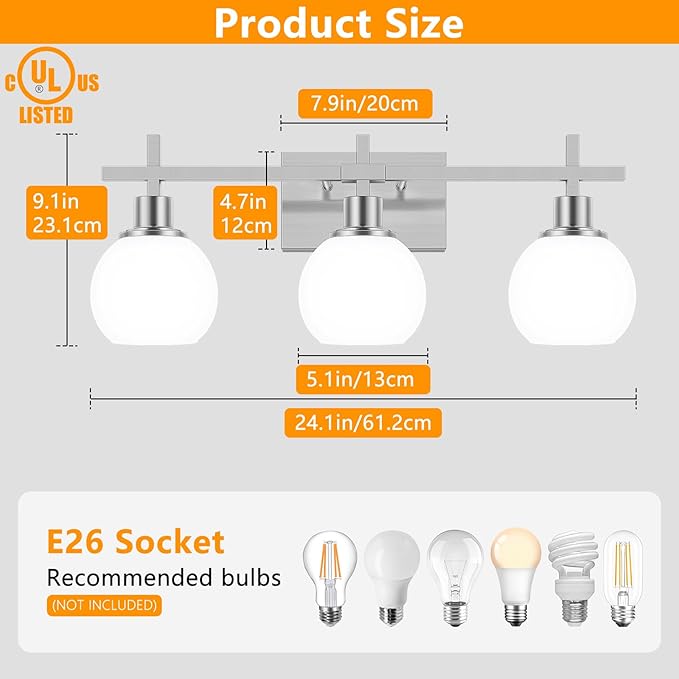 Modern Vanity Lighting Fixtures,3-Light Bathroom Lighting Fixtures Over Mirror，Brushed Nickel Wall Mounted Bathroom Vintage Lamp with Milky White Glass Lampshade for Living Room，Bedroom