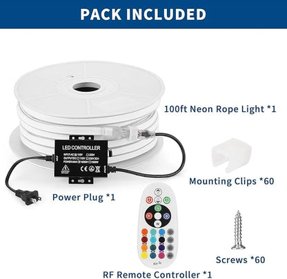 FORT AC110V 120V 100FT led Strip Lights RGB Led Neon Rope Light Driverless IP66 Waterproof Outdoor 144LEDs/m Dot Free Multicolor 100ft led Lights with Remote, Easy Installation ETL FCC