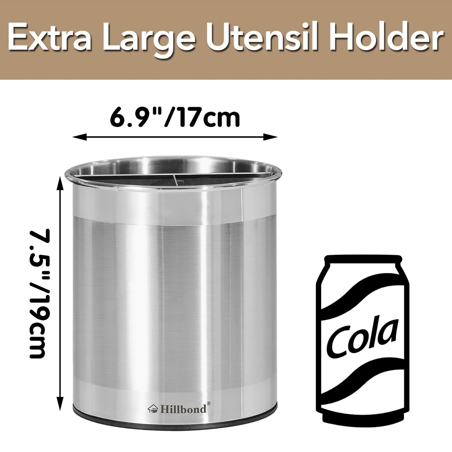 Hillbond 7.5x6.9 Inch EXTRA LARGE Utensil Holder for Countertop, Stainless Steel Rotating Organizer with Removable Divider, Space-Saving for Large Kitchen Utensils Set & Spacious Kitchens