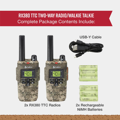 Cobra RX680 Walkie Talkies (2-Pack) - Rugged & Splashproof Two Way Radios Long Range, IP54 Water Resistant Design, 60 Pre-Programmed Channels, Weather Alerts, Included Charging Dock (Black/Orange)