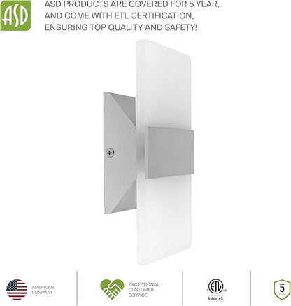ASD 8 Inch LED Indoor Wall Sconce - Modern Interior 10W 120V 2700K-5000K Adjustable Dimmable Wall Mounted Light Fixtures, Acrylic Glass Wall Lights for Stairway, Hallway - ETL, Brushed Nickel