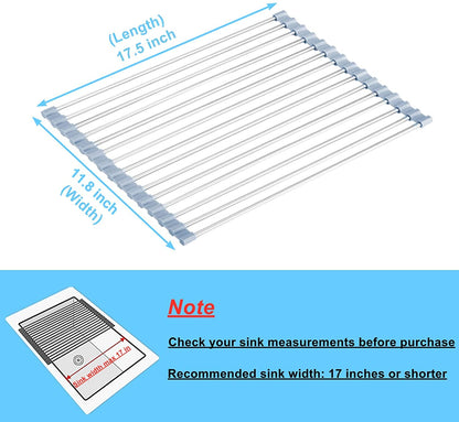 Seropy Roll Up Dish Drying Rack, Over The Sink Dish Drying Rack Kitchen Rolling Dish Drainer, Foldable Sink Rack Mat Stainless Steel Wire Dish Drying Rack for Kitchen Sink Counter Storage 17.5x11.8