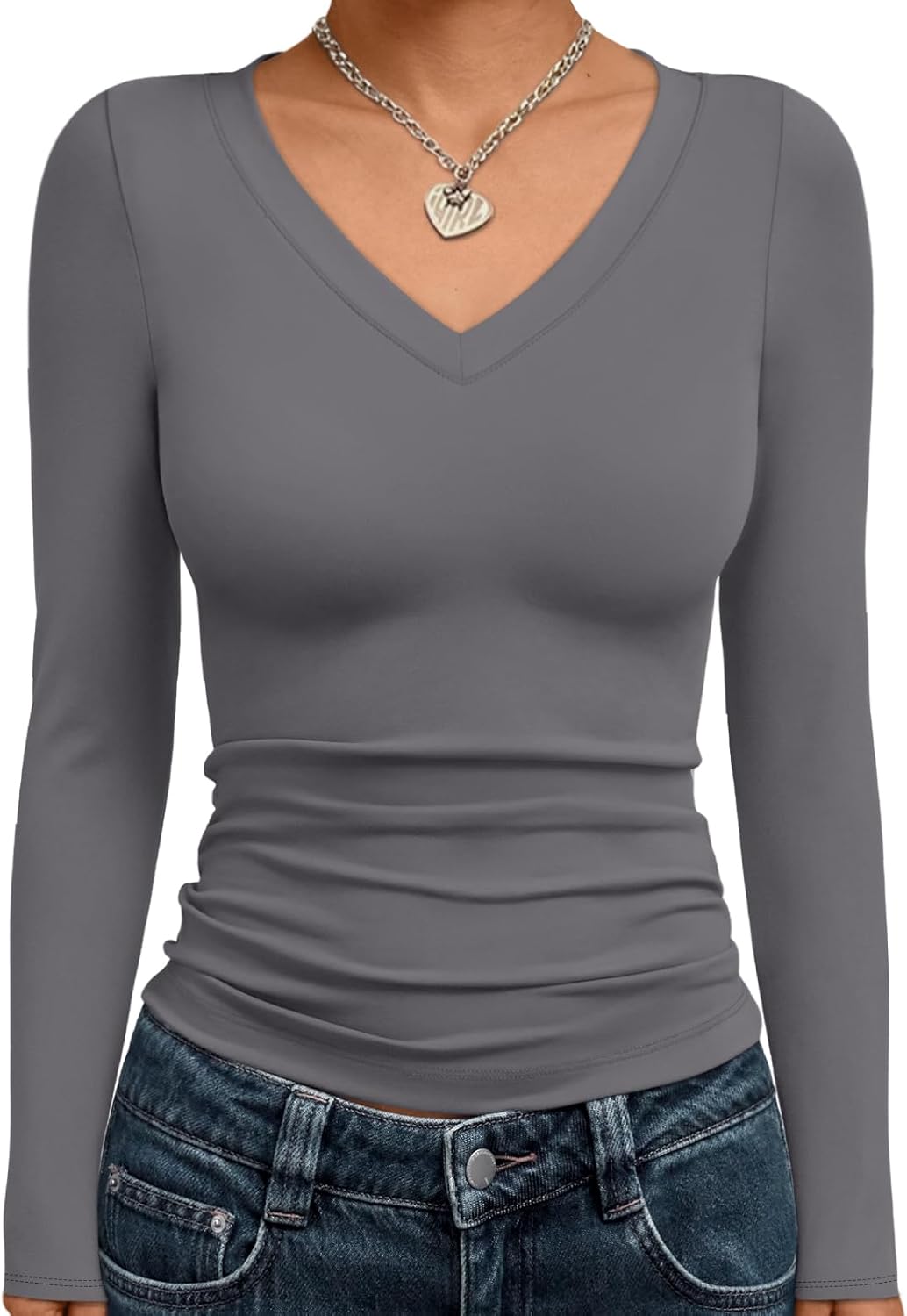 Trendy Queen Long Sleeve Shirts for Women 2025 Fall Fashion V Neck Basics Crop Tops Slim Fitted Y2K Tops Outfits Clothes