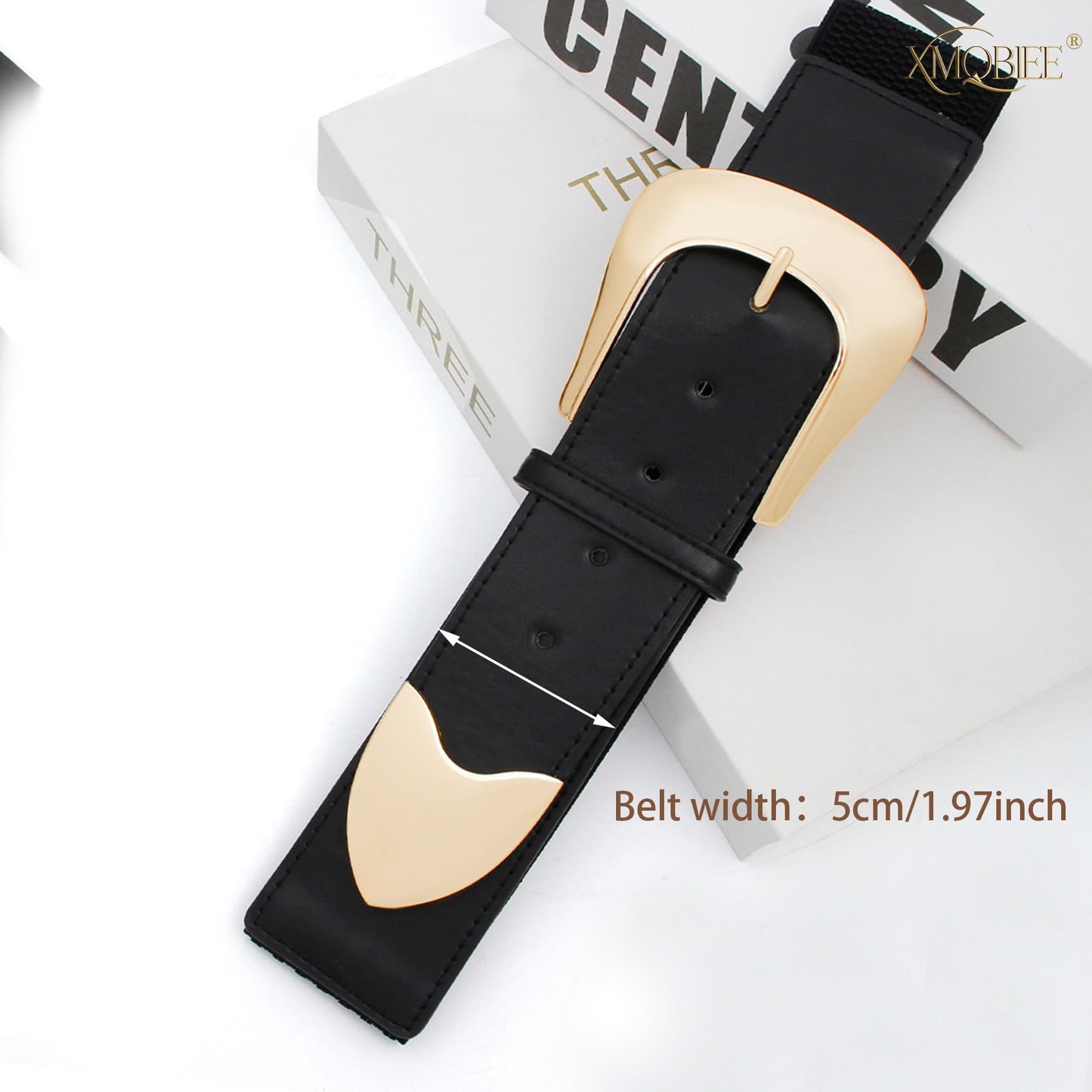 XMQBIEE Women's Wide Elastic Waist Belt with Gold Western Buckle, Retro Leather Waist Belt for Dresses Jeans and Coats