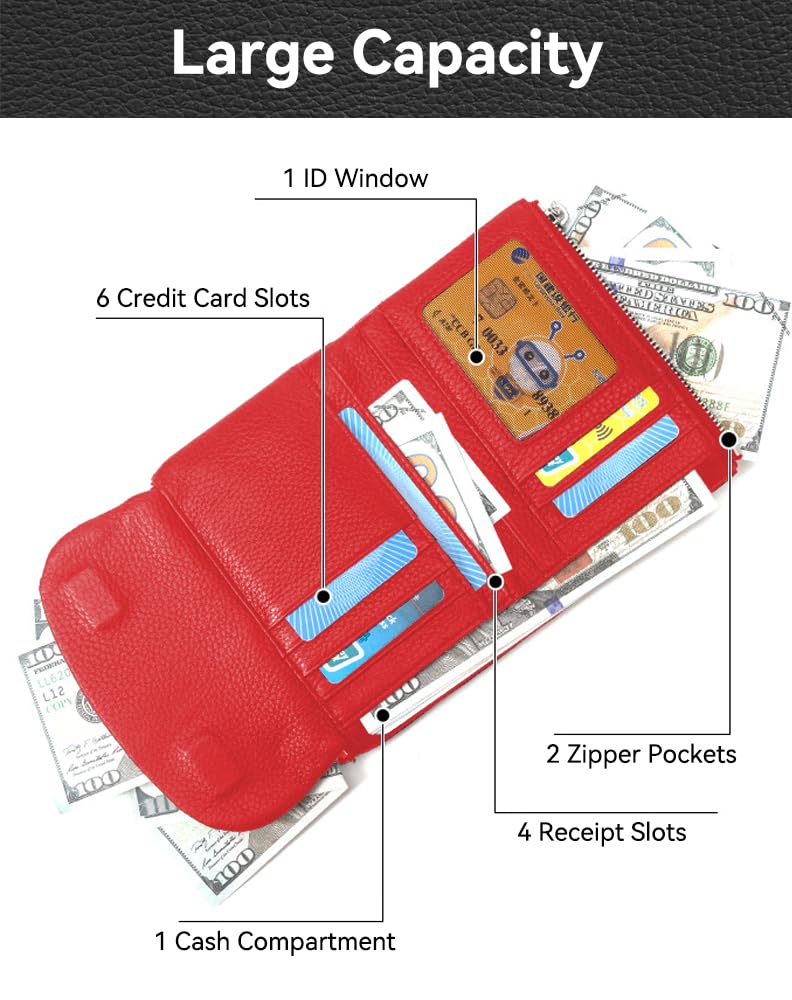 DAMAIKE Wallet for Women [Genuine Leather] [Magnetic Closure], Large Capacity Female Ladies Bifold Wallet Card Holder, ID Window, Zipper Coin Pockets (Red)
