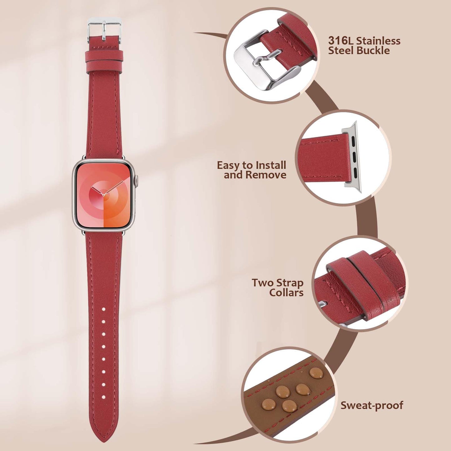 Biggyboom Soft Genuine Leather Bands Compatible with Apple Watch Band 42mm 41mm 40mm 38mm for Women Men, Sweat Wear Resistant Leather Replacement Strap for iWatch Series 11 10 9 8 7 6 SE 5 4 3 2 1