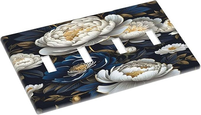White Gold Blue Flower Light Switch Covers Quad Toggle 4 Gang Wall Plate Decorative Switchplate Electrical Faceplate for Farmhouse Bathroom Living Decor