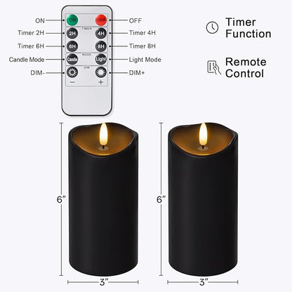 NURADA Outdoor Flameless Candles with Remote Timer - Waterproof Realistic Flickering LED Pillar Electric Battery Operated Fake Candle for Home Halloween Holiday Party Decor - 2 Pack Black(D3”H6”6”)