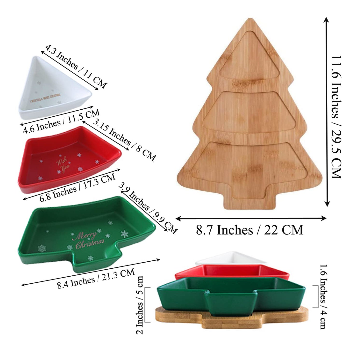 ROSE CREATE Colorful 11.6 Inches Big Colorful Snack Appetizer Trays Set, Christmas Tree Dessert Serving Dishes, Snack Platter, 3 pcs Removable Porcelain Plates with Bamboo Tree Tray