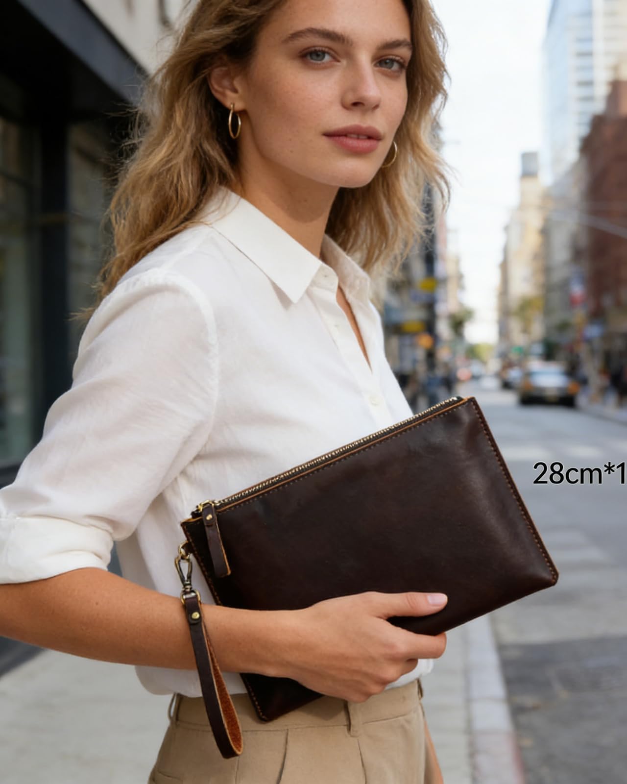Inkfew Genuine Leather Wristlet for Women and Men, Leather Clutch Business Briefcase Tablet Sleeve Bag with Zip Closure