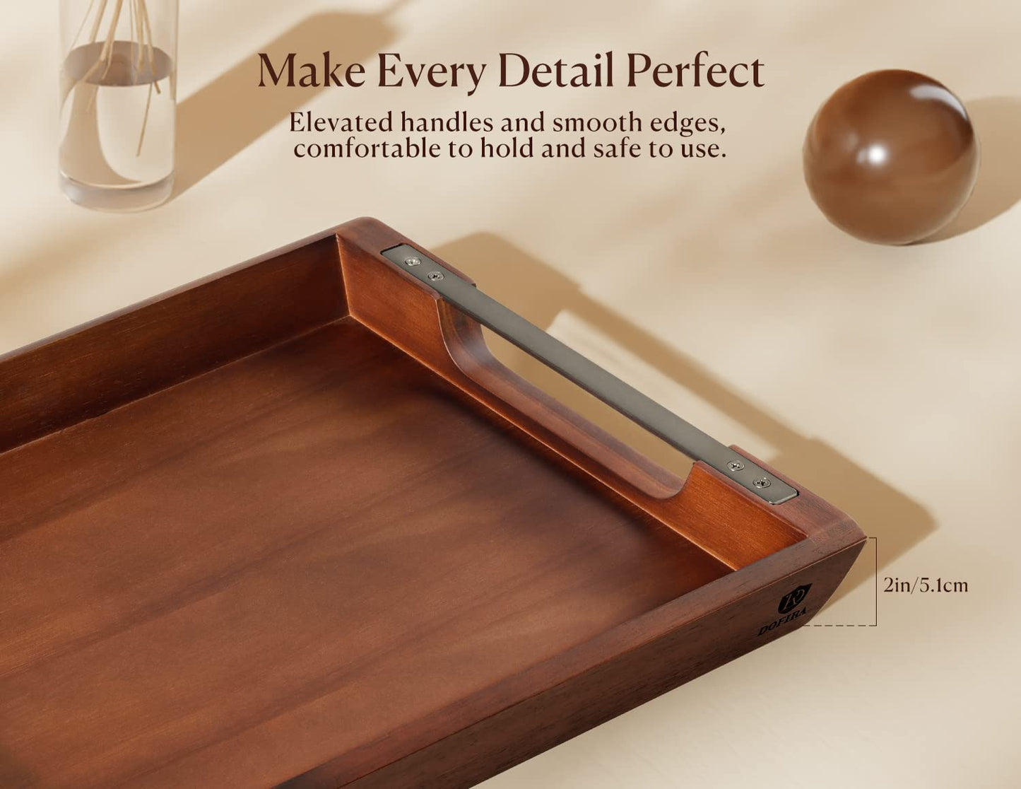 Dofira Acacia Wood Serving Tray with Metal Handles, 17x13in Food Drinks Tray for Coffee Table, Breakfast, Dinner & Bar, Rustic Decorative Storage Tray for Ottoman, Kitchen, Elegent Box for Gift