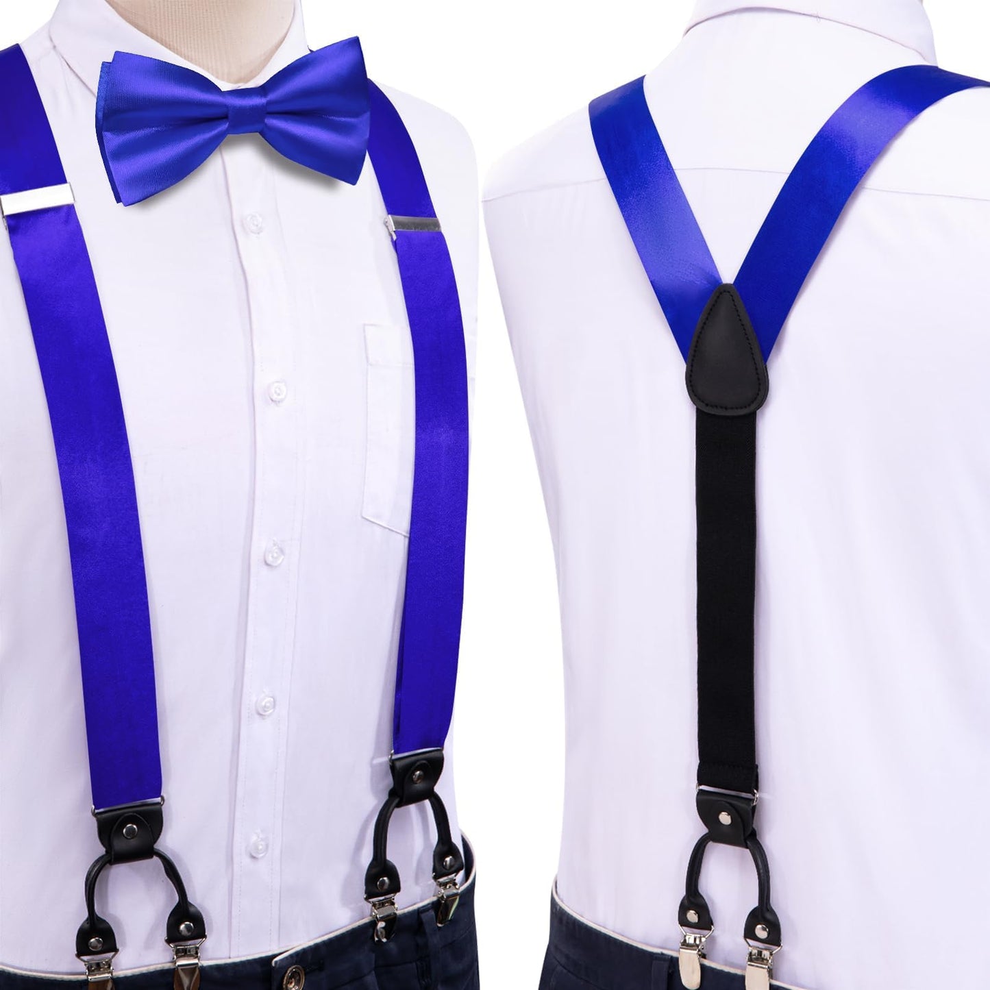 Hi-Tie Royal Blue Satin Suspender Bowtie Set for Men Suspenders Pre-tied Bow Tie Pocket Square Cufflinks Adjustable Y Shape 6 Clips Braces Tuxedo