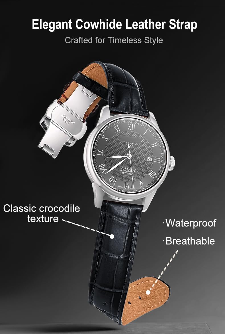 EACHE 20mm Watch Band Quick Release Leather Watch Bands for Men Black Alligator Grain Pattern Leather Watch Straps with Silver Butterfly Deployment Clasp