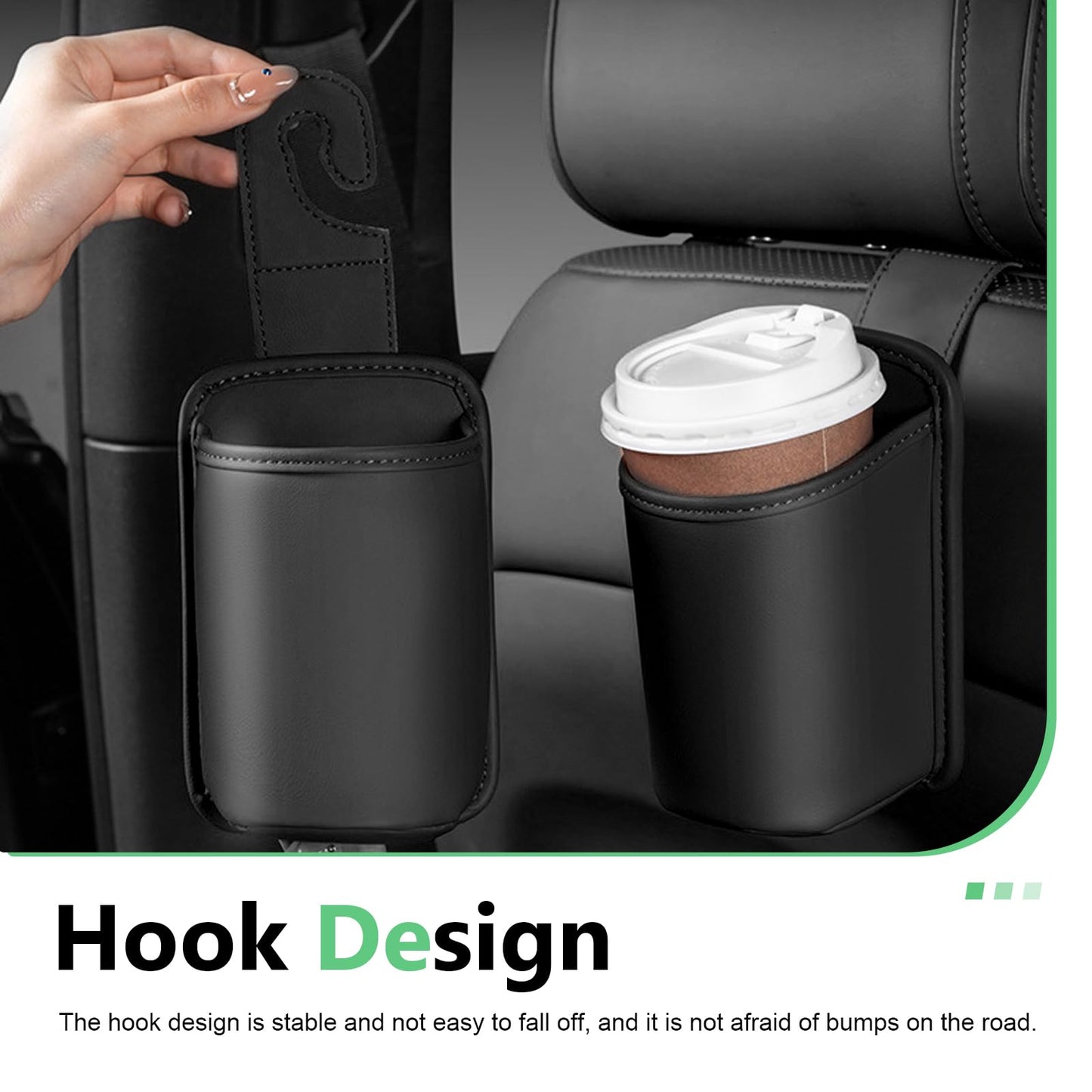 Heyzidu 2 PCS Leather Car Cup Holder, Spill-resistant Headrest Cup Organizer, Door Side Multi-functional Hooks Storage Bag for Water Bottles Phones Keys, Universal for Most Vehicles (Black)