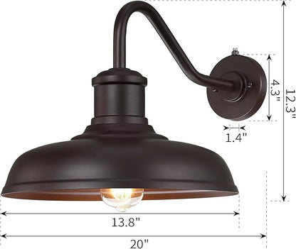 13.8'' Large Dusk to Dawn Outdoor Gooseneck Barn Light, 2-Pack Outdoor Wall Sconce Farmhouse Exterior Light Wall Lighting Fixture Industrial Lantern for Porch, Entryway, Garage, Brown