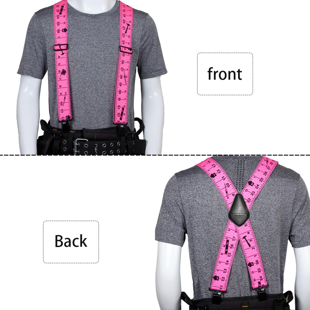 Movwokon Men's 2" Wide Heavy Duty X-Back Elastic Suspenders, Strong Metal Clips, Adjustable for Tool Belt/Carpenter(pink)