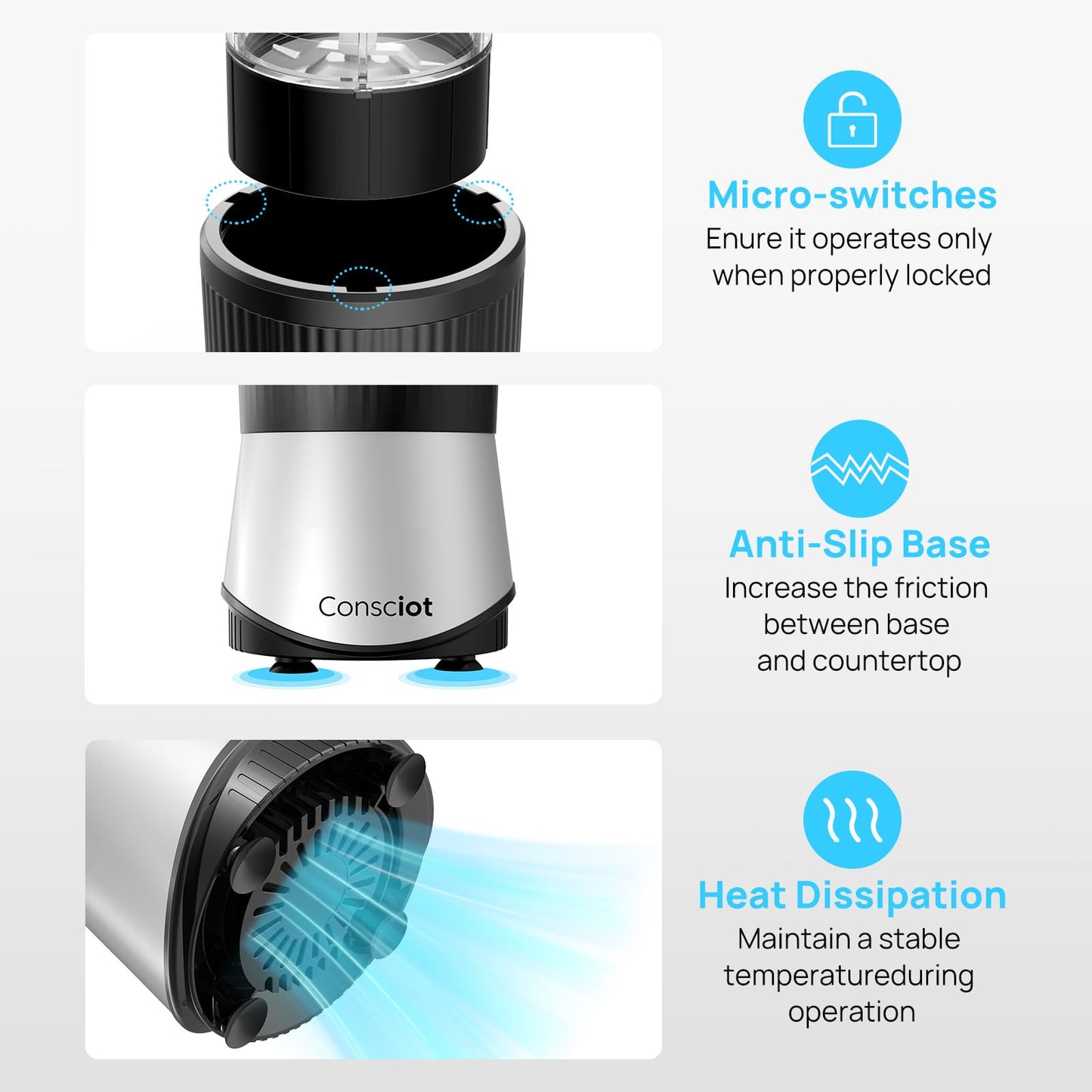 Consciot CB08 11-Piece Blender for Kitchen and Personal Size, Blend Shakes and Smoothies, Frozen Drinks, Baby Food, Spreads & More, 3 Portable To-Go Cups & 2 Spout Lids & 1 Solid Lid, 900 Peak Watts