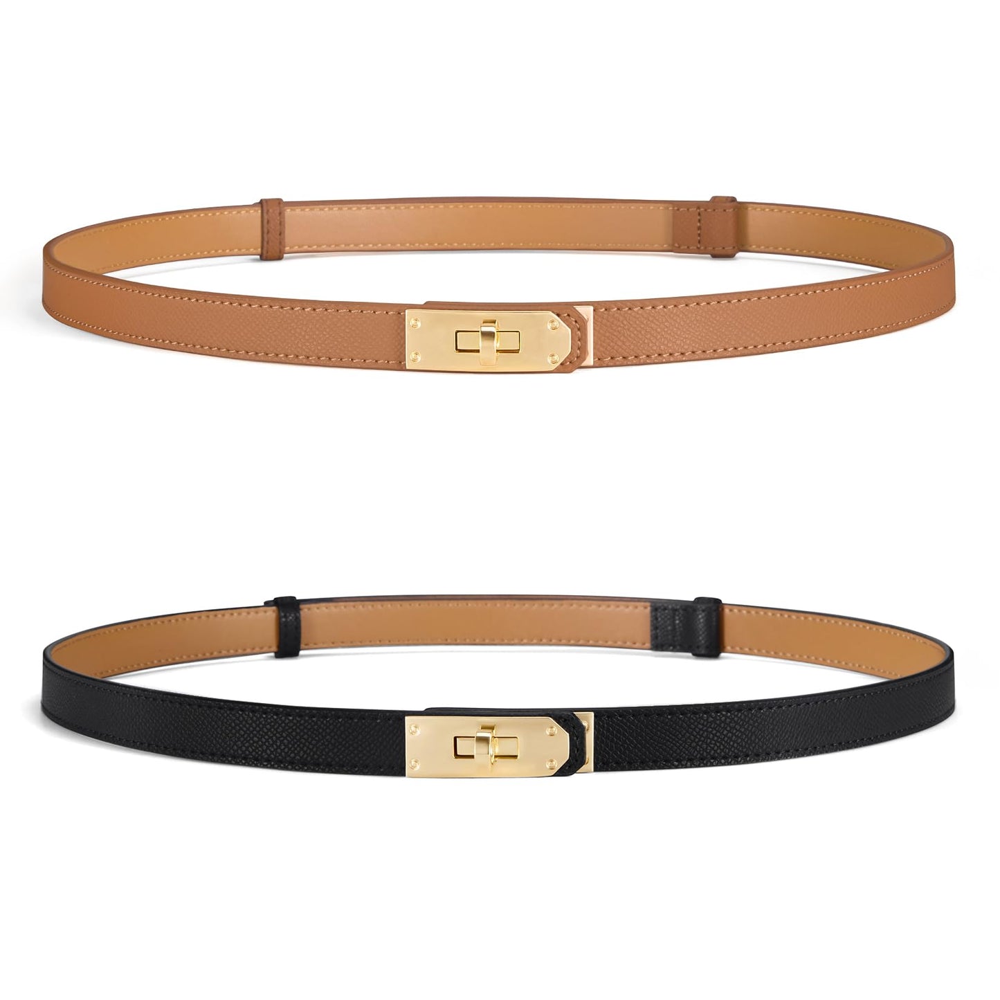 Fianmy Skinny Leather Belts for Women with Adjustable Silver Turn-Lock Buckle for Dresses Jeans and Pants (Black with Gold Buckle and Brown with Gold Buckle)