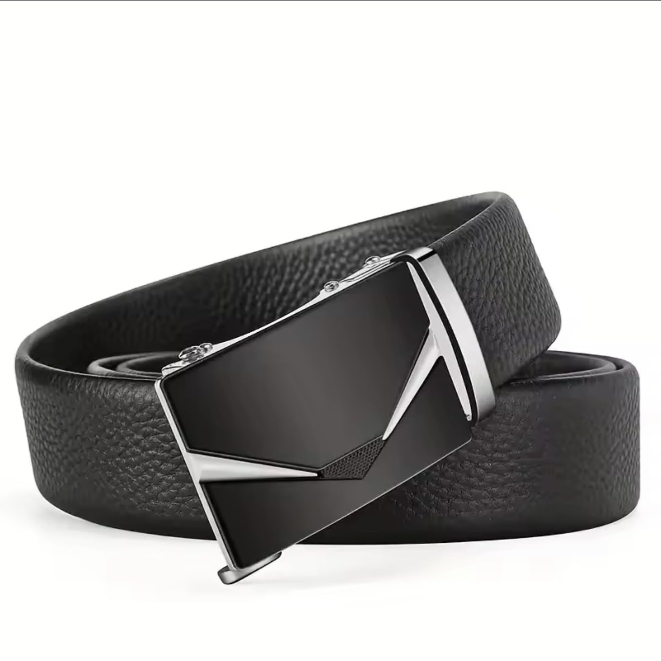 TJH Men's Leather Ratchet Belt with Automatic Buckle, Trim-to-Fit Adjustable (Waist 28–44 Inches), No-Hole Belt (Silver)